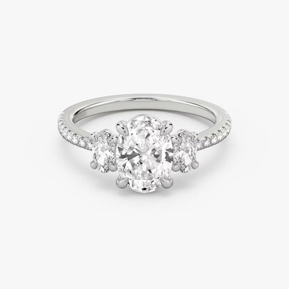 The Three Stone Oval with Oval Side Stones Pave Engagement Ring