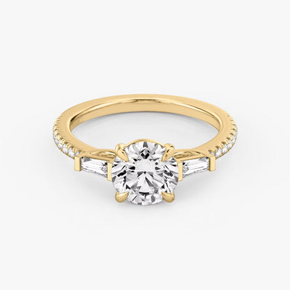 The Three Stone Round Brilliant with Tapered baguette Side Stones Pave Engagement Ring