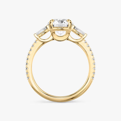 The Three Stone Round Brilliant with Tapered baguette Side Stones Pave Engagement Ring