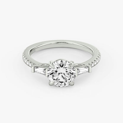 The Three Stone Round Brilliant with Tapered baguette Side Stones Pave Engagement Ring