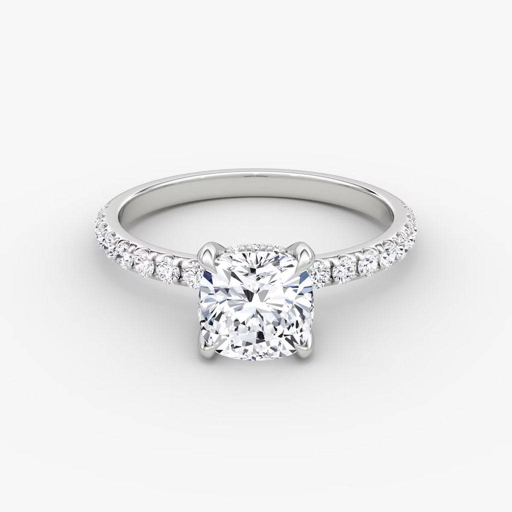 The Classic Cushion Cut Solitaire Hidden Halo Pave Engagement Ring