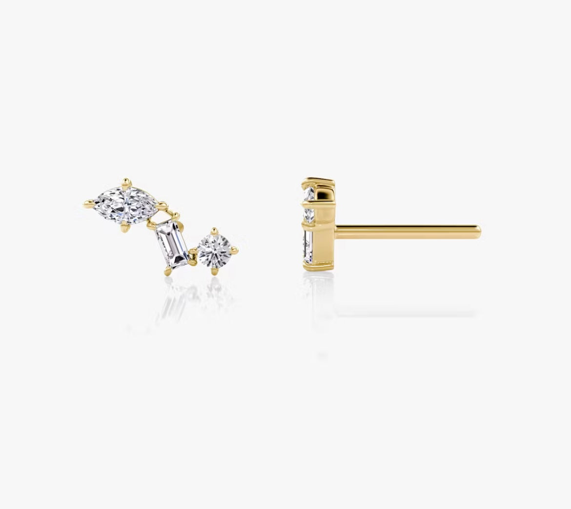 a pair of diamond earrings on a white background